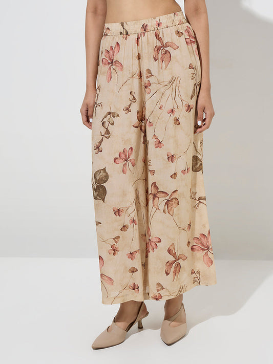 Zuba Beige Foliage Printed Palazzos