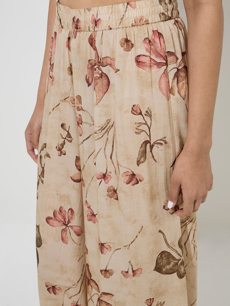 Zuba Beige Foliage Printed Palazzos