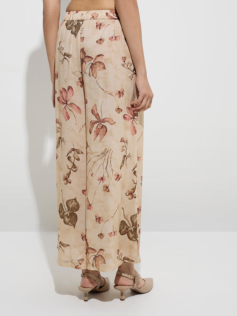 Zuba Beige Foliage Printed Palazzos