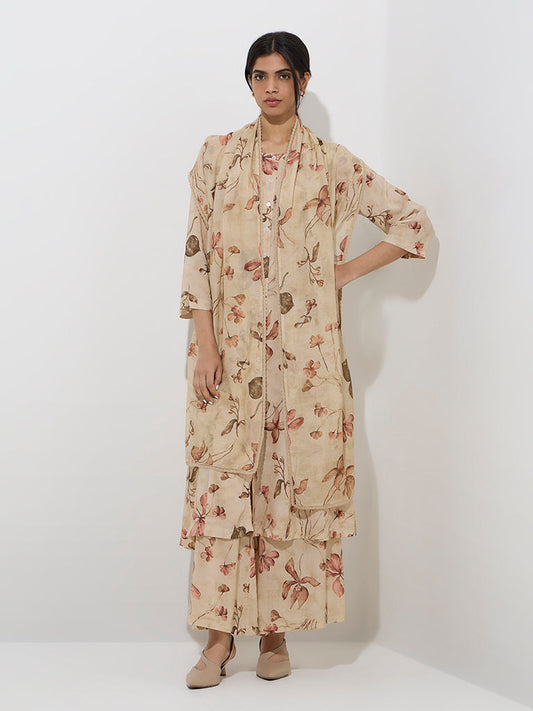 Zuba Beige Botanical Design A-Line Kurta