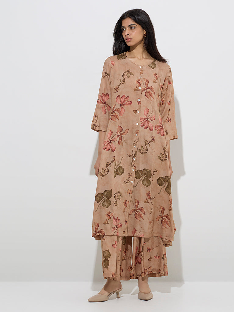 Zuba Brown Foliage Printed A-Line Kurta
