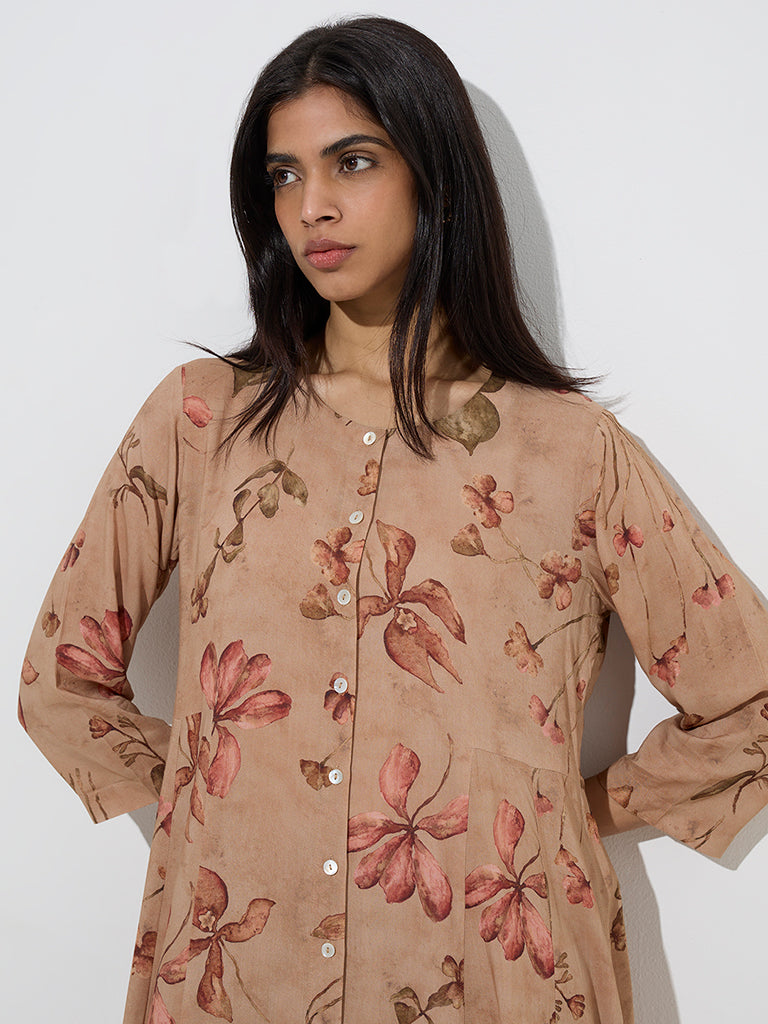 Zuba Brown Foliage Printed A-Line Kurta