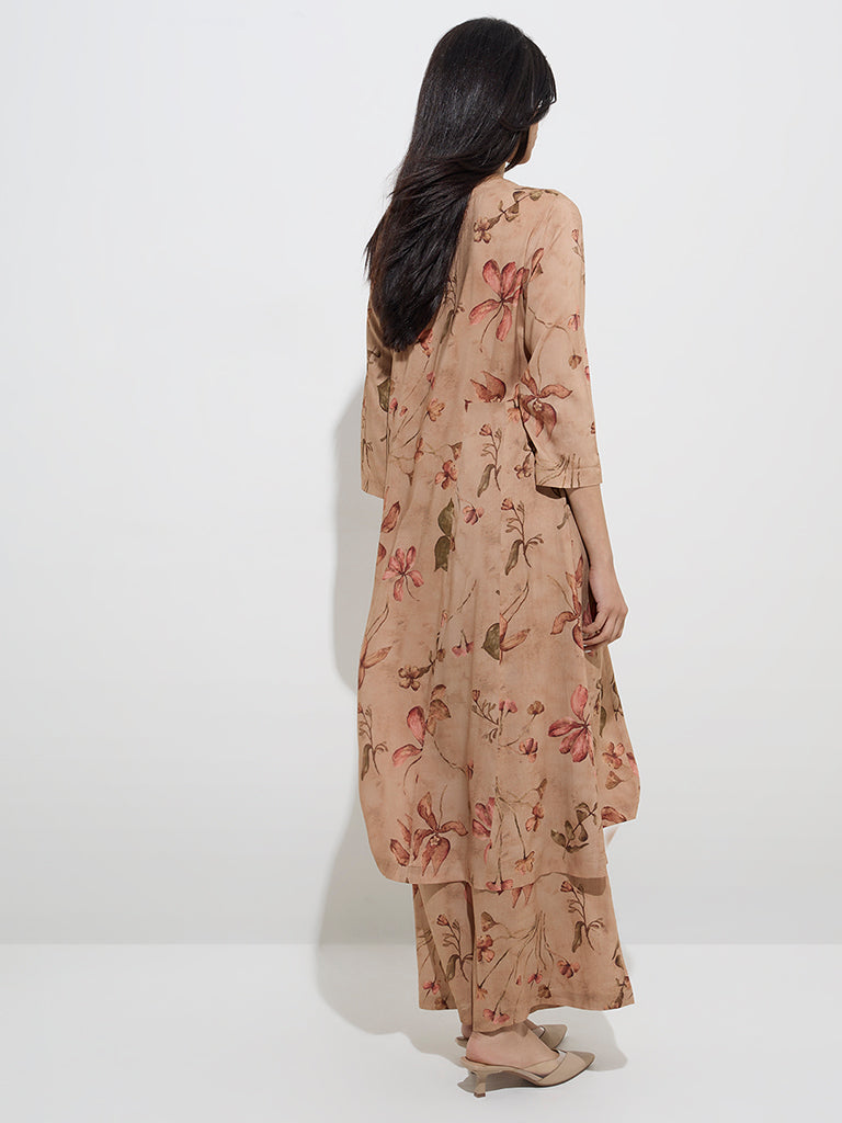 Zuba Brown Foliage Printed A-Line Kurta