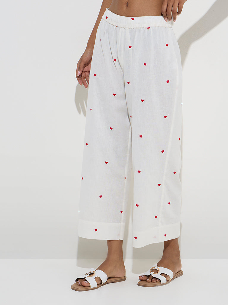 Utsa White Heart Design Cotton-Blend Ethnic Pants