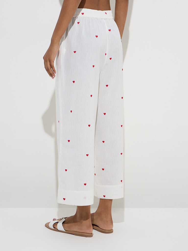 Utsa White Heart Design Cotton-Blend Ethnic Pants