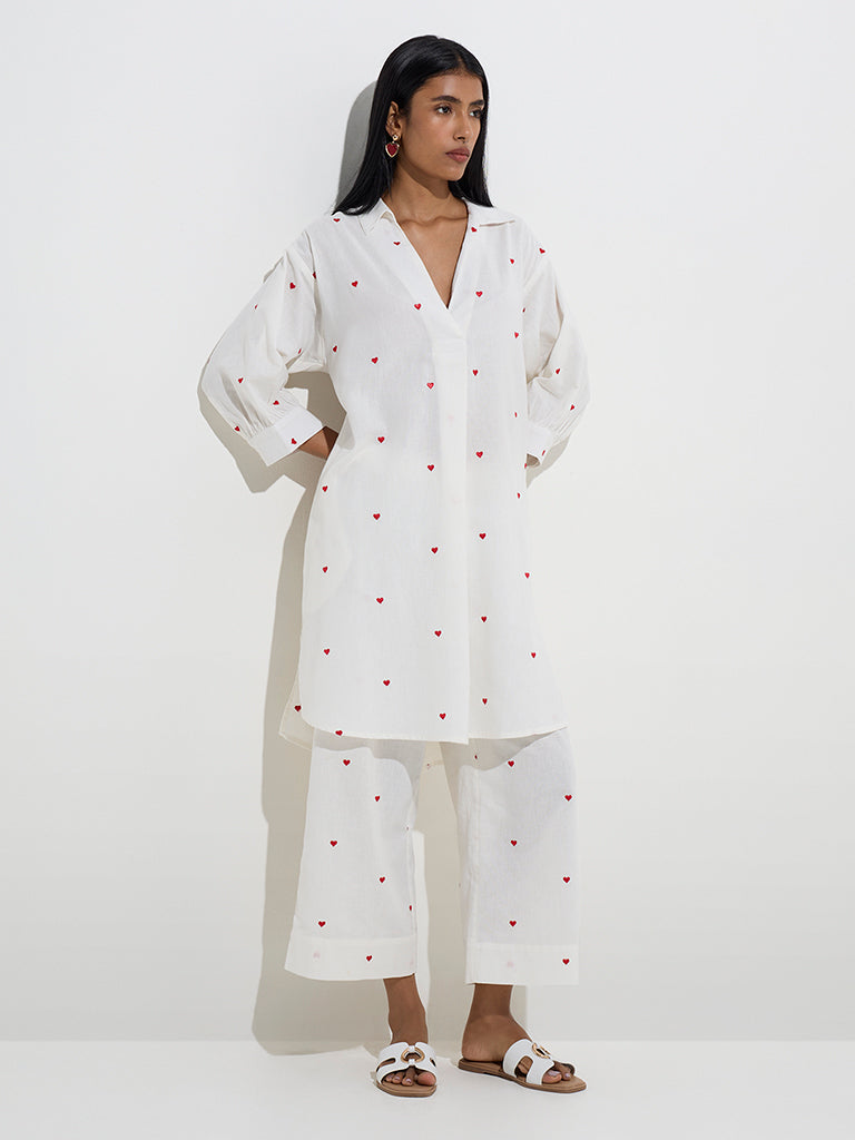 Utsa White Heart Design Cotton-Blend Ethnic Pants