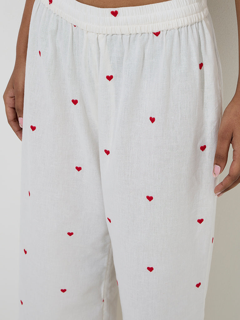 Utsa White Heart Design Cotton-Blend Ethnic Pants