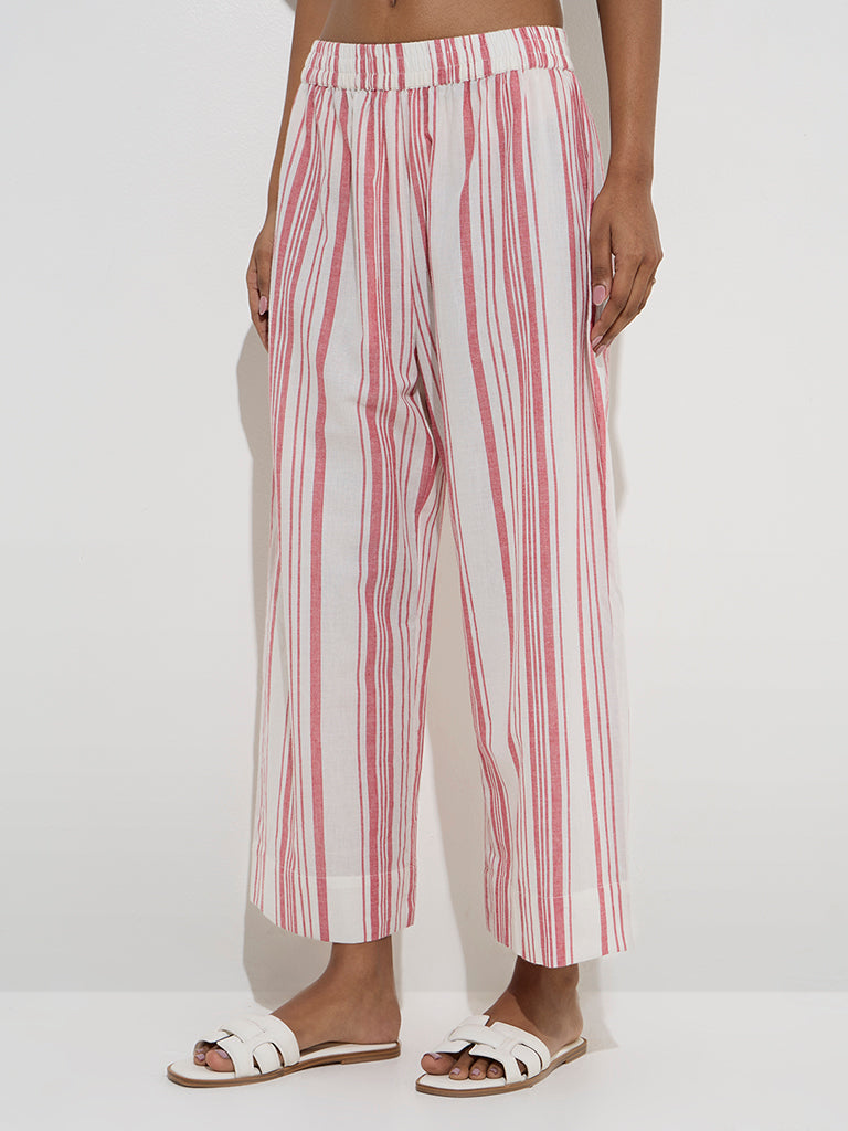 Utsa Red Stripe Printed Cotton Ethnic Pants