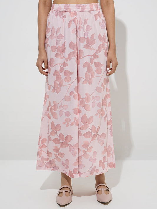Zuba Pink Leaf Printed Palazzos