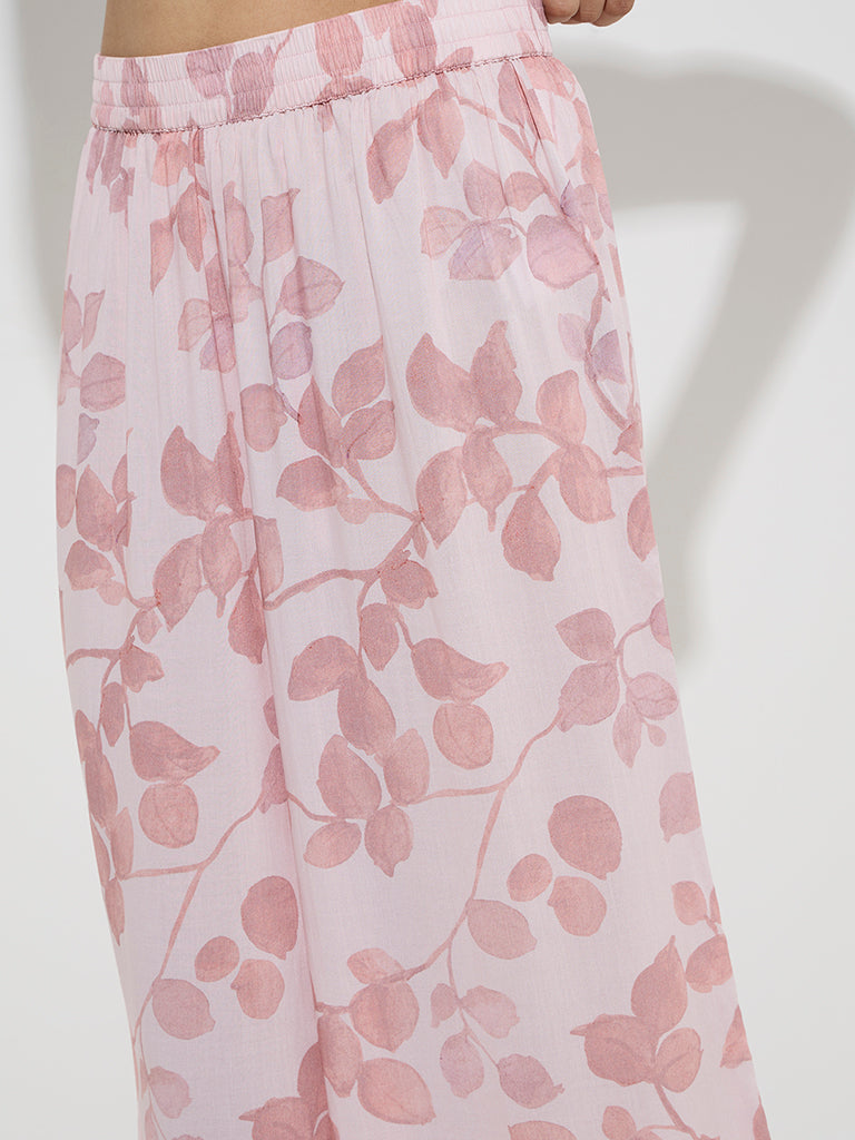 Zuba Pink Leaf Printed Palazzos