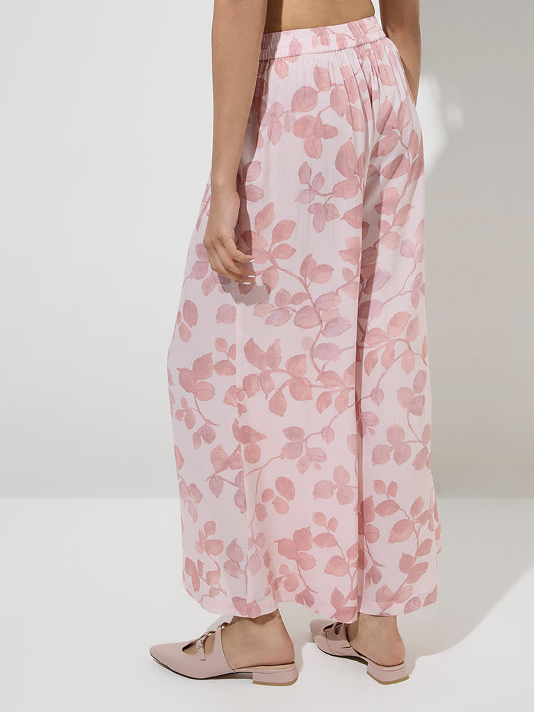 Zuba Pink Leaf Printed Palazzos