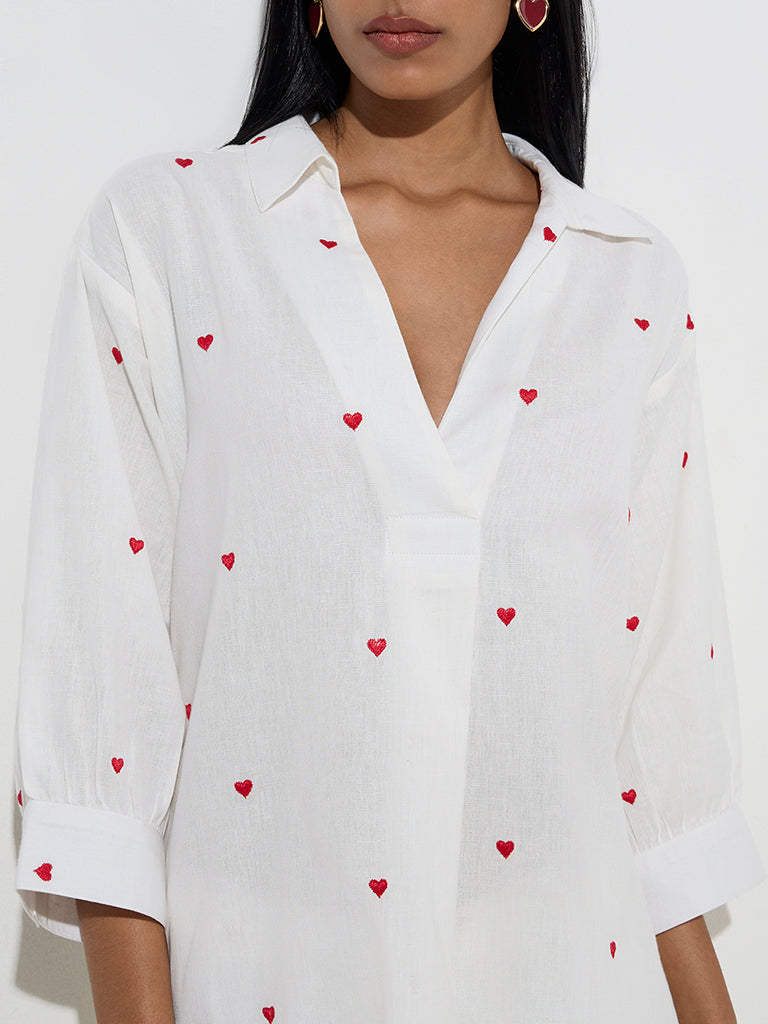 Utsa White Heart Design High-Low Cotton-Blend Kurta