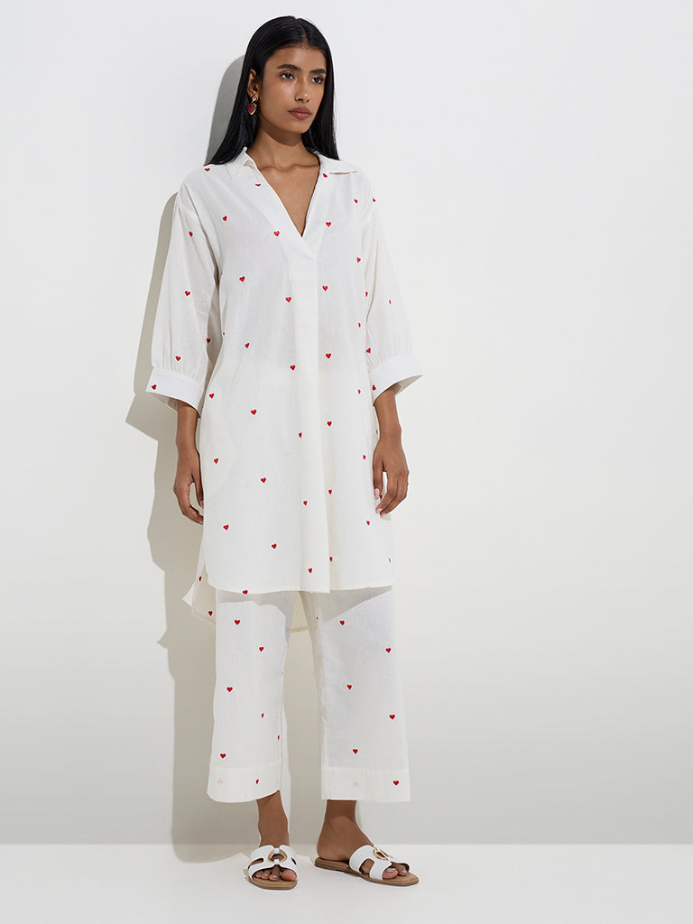 Utsa White Heart Design High-Low Cotton-Blend Kurta