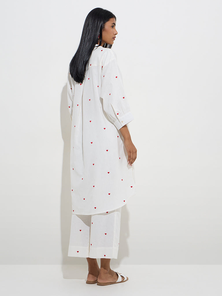 Utsa White Heart Design High-Low Cotton-Blend Kurta