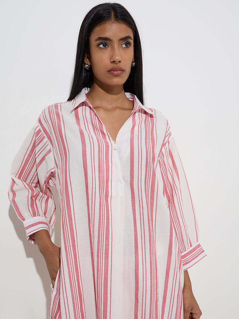 Utsa Red Stripe Printed High-Low Cotton Kurta