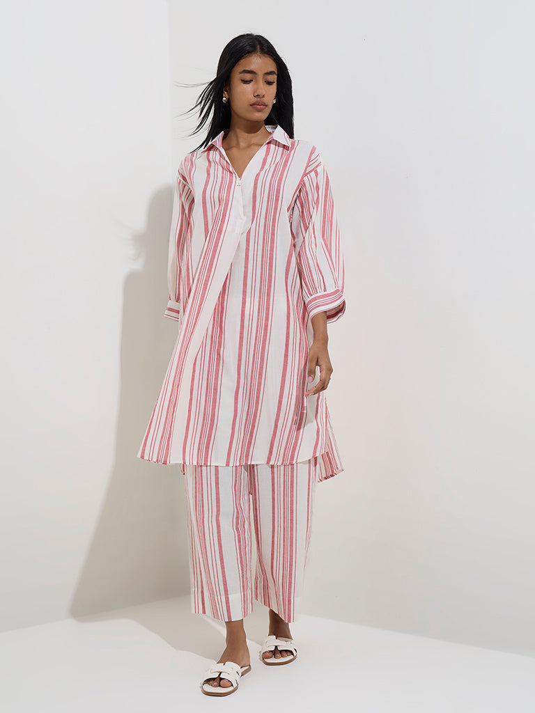 Utsa Red Stripe Printed High-Low Cotton Kurta