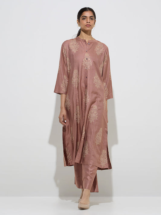 Zuba Dusty Pink Floral Design A-Line Kurta