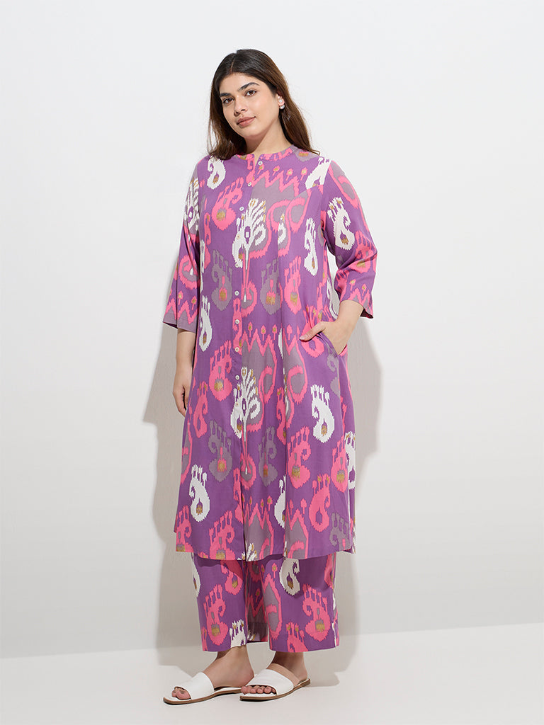 Diza Purple Ikat Printed A-Line Kurta