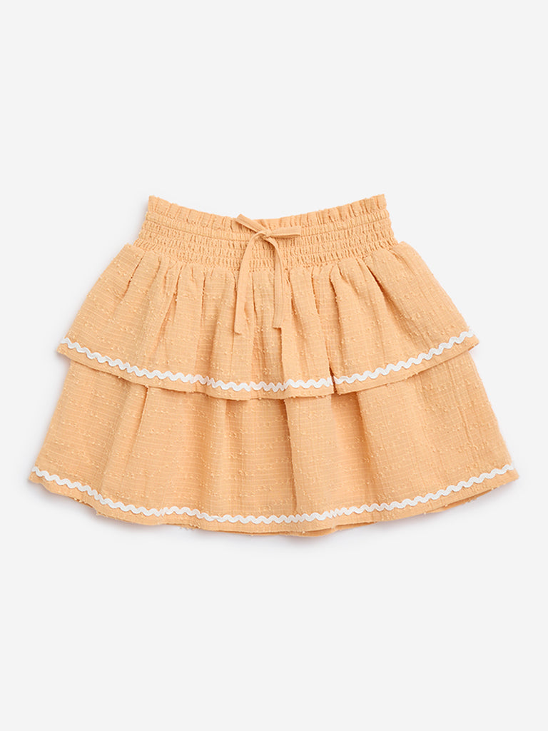 HOP Kids Light Orange High-Rise Cotton Tiered Skirt