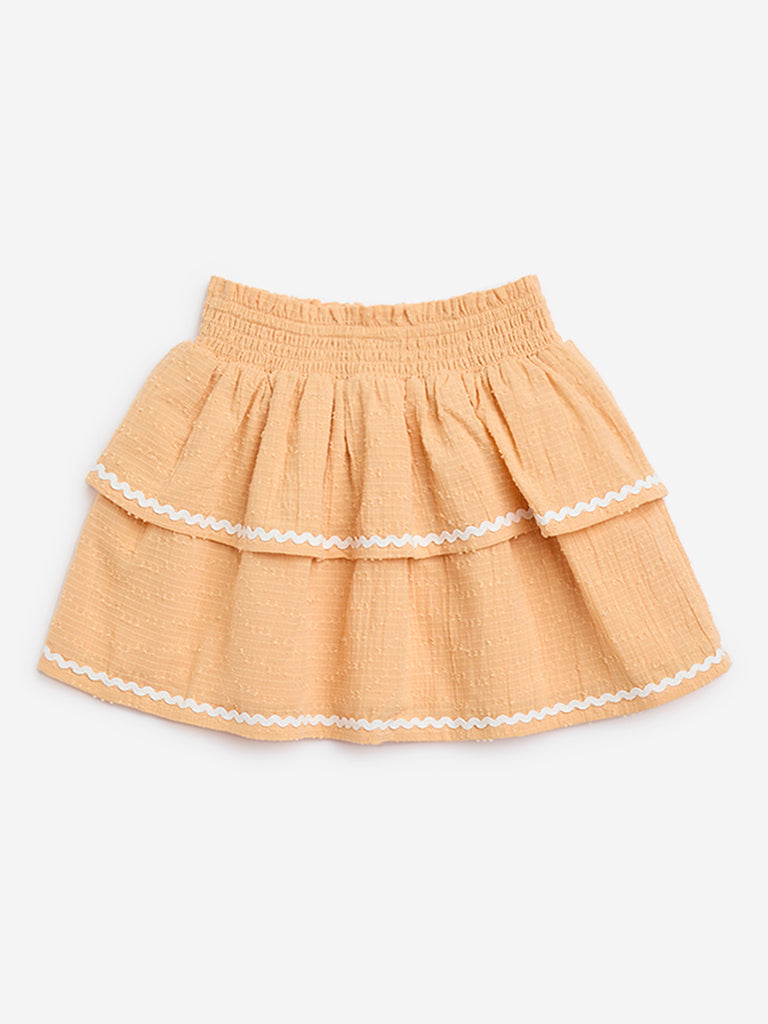 HOP Kids Light Orange High-Rise Cotton Tiered Skirt