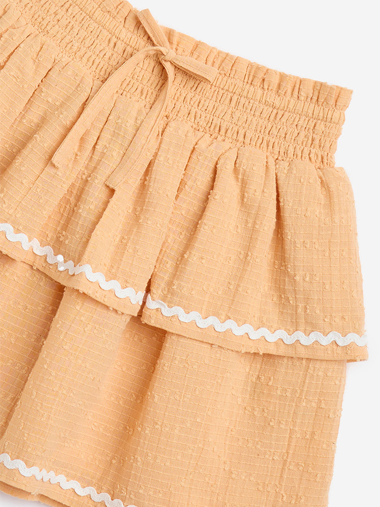 HOP Kids Light Orange High-Rise Cotton Tiered Skirt