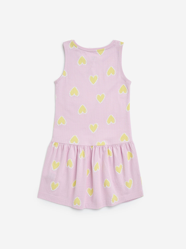 HOP Kids Lilac Heart Design Drop-Waist Cotton Dress