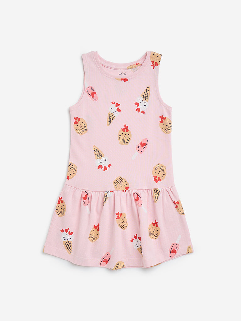 HOP Kids Light Pink Printed Drop-Waist Cotton Dress