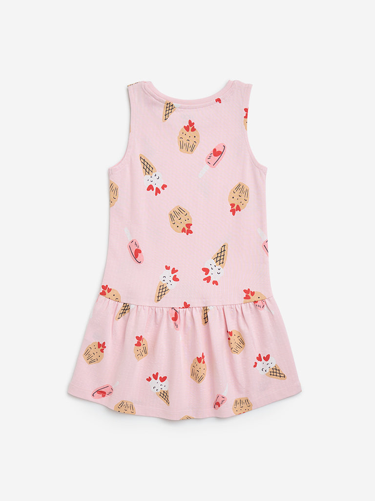 HOP Kids Light Pink Printed Drop-Waist Cotton Dress