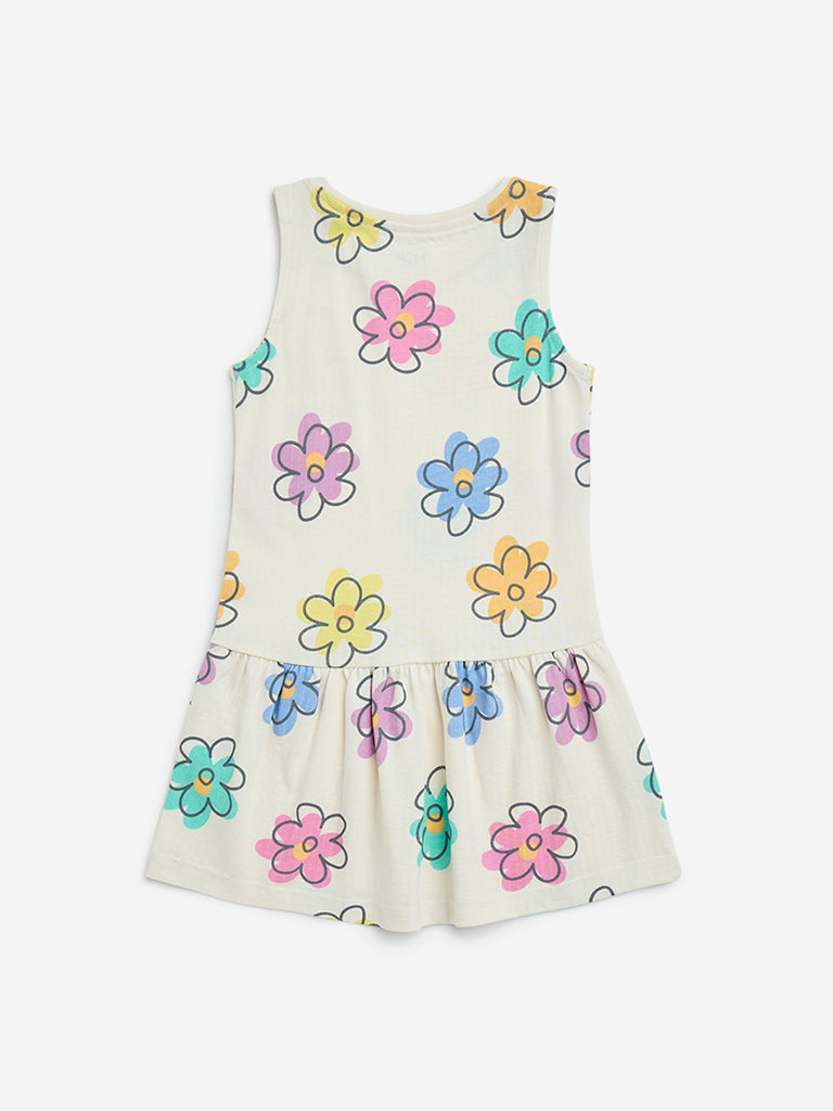 HOP Kids Off-White Floral Design Drop-Waist Cotton Dress