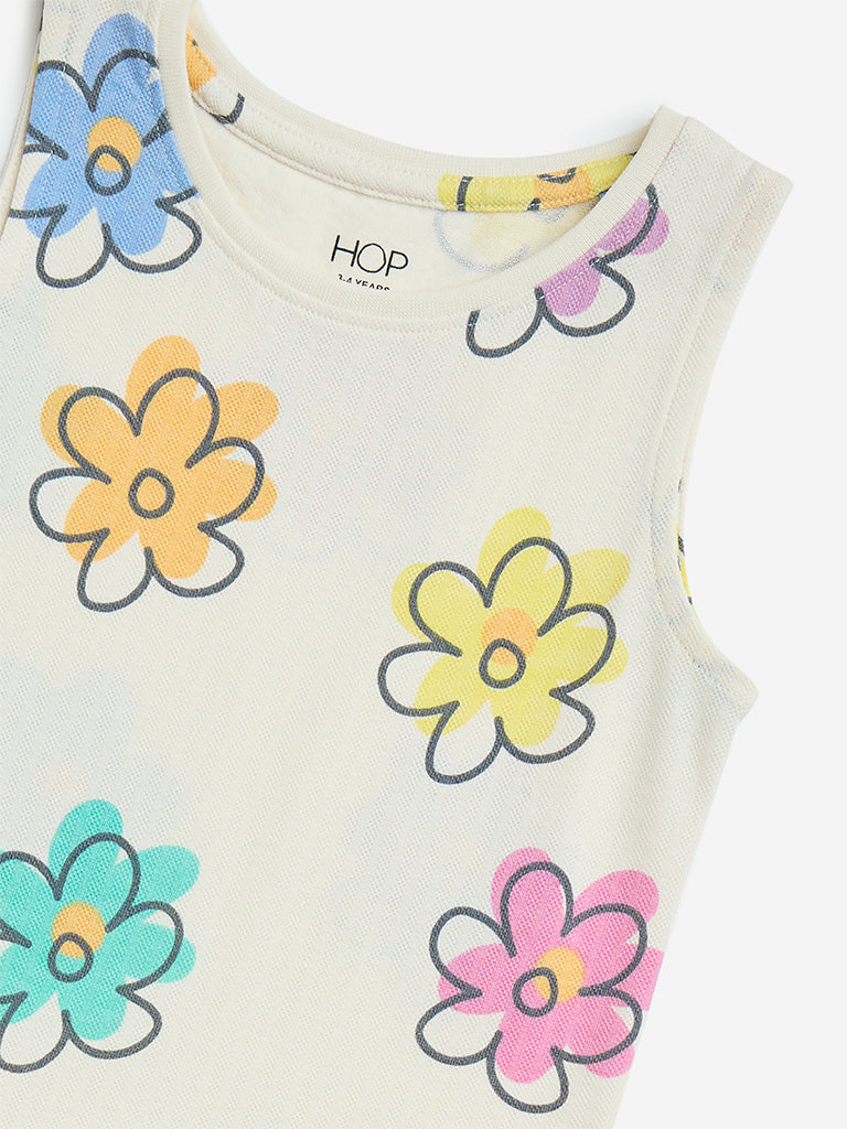 HOP Kids Off-White Floral Design Drop-Waist Cotton Dress