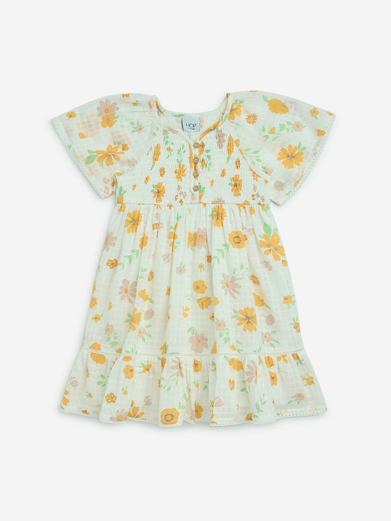 HOP Kids Off-White Floral Pattern A-Line Cotton Dress