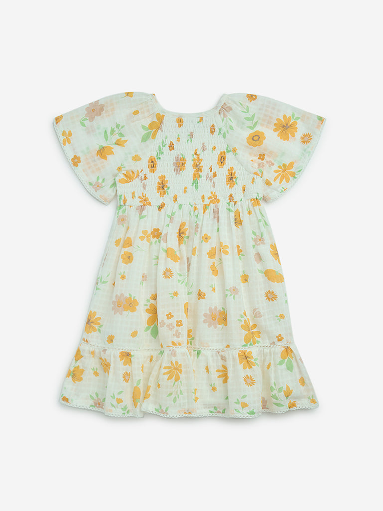 HOP Kids Off-White Floral Pattern A-Line Cotton Dress