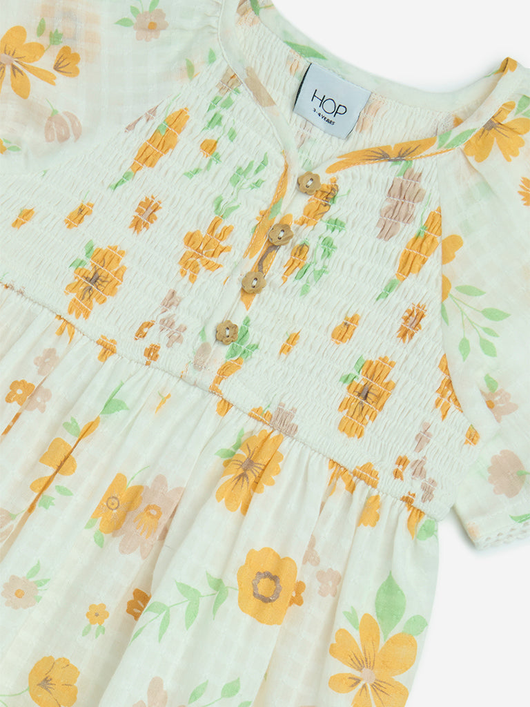 HOP Kids Off-White Floral Pattern A-Line Cotton Dress