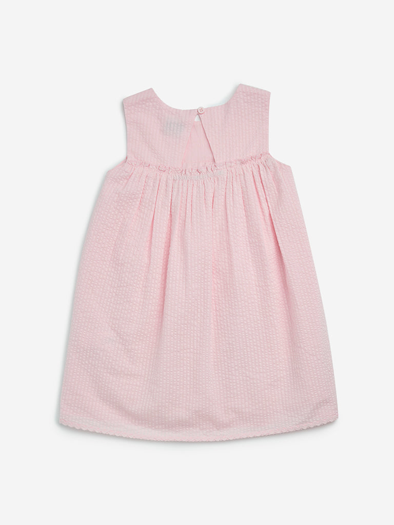 HOP Kids Pink Floral Embroidered A-Line Cotton Dress