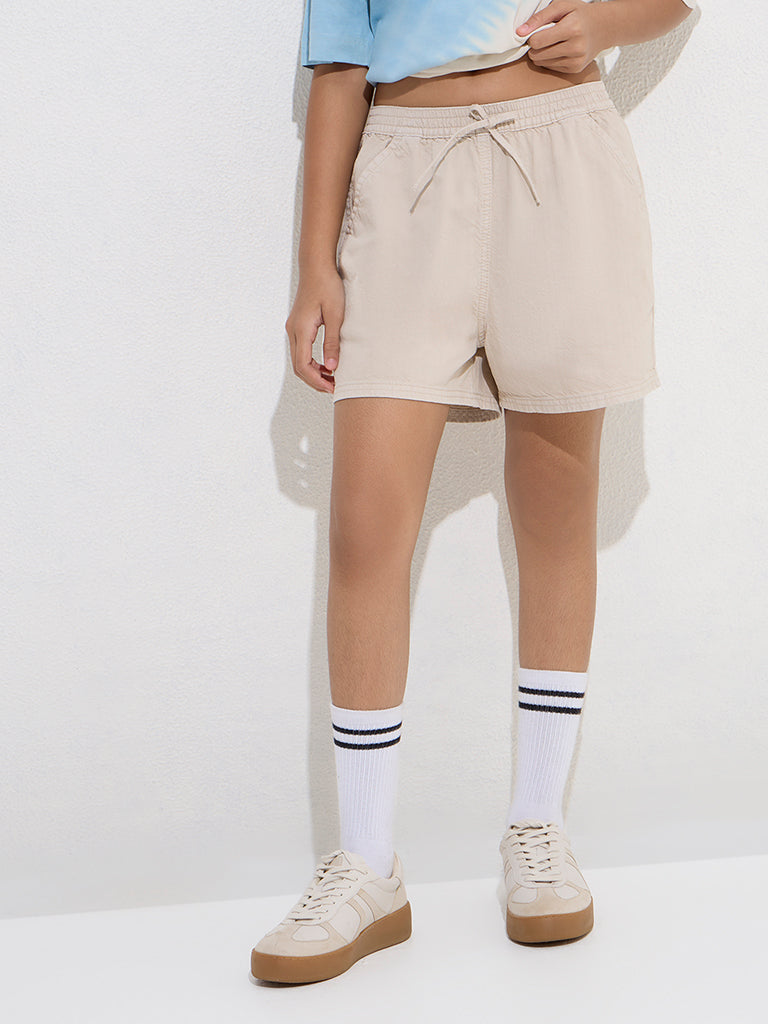 Y&F Kids Light Beige High-Rise Denim Shorts
