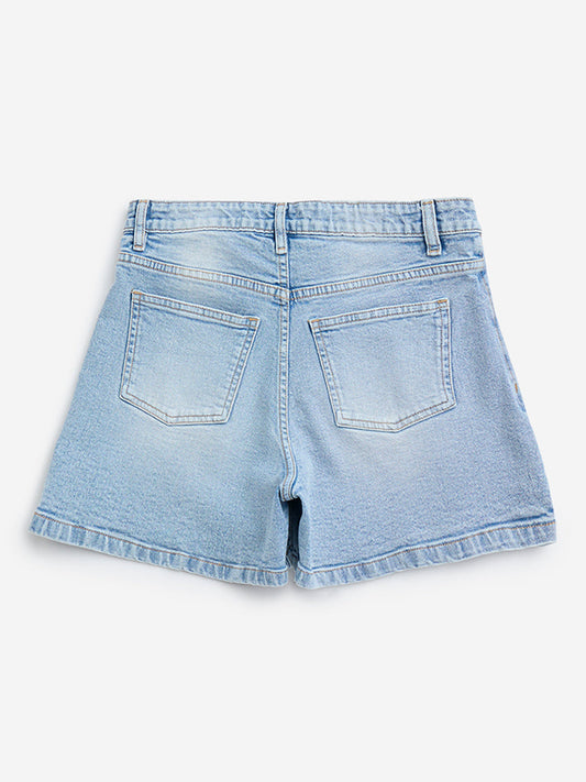 Y&F Kids Light Blue Floral Embroidered Denim Skorts