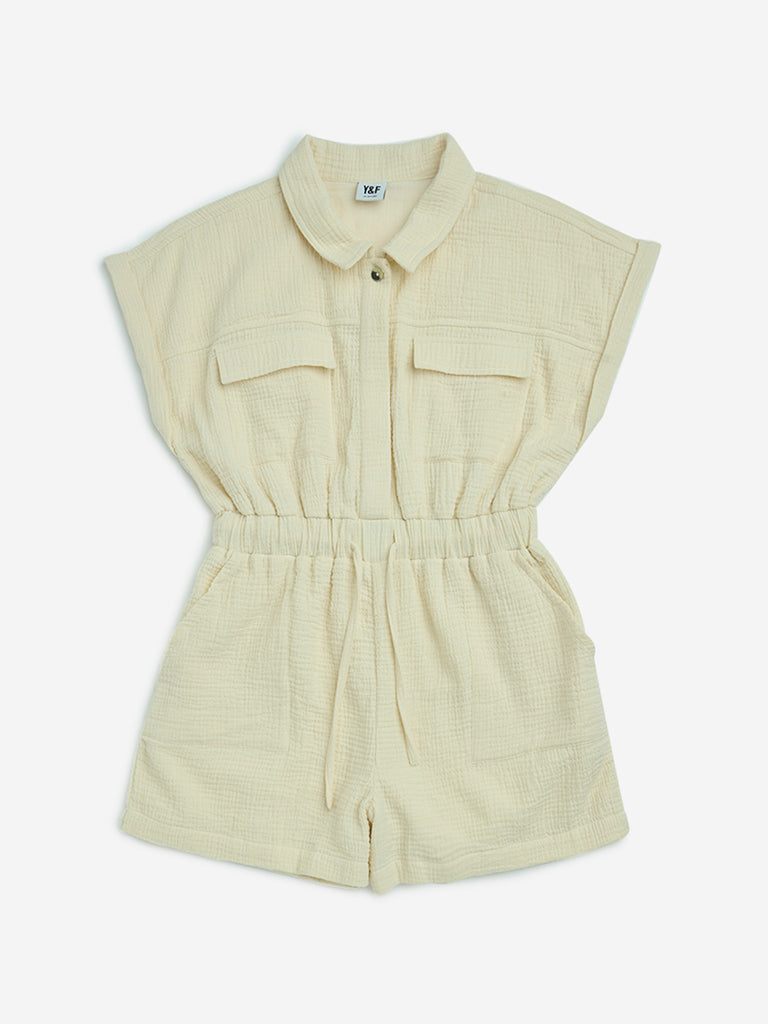 Y&F Kids Off-White Crinkle-Textured Cotton Playsuit