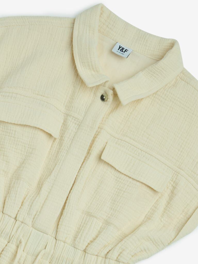 Y&F Kids Off-White Crinkle-Textured Cotton Playsuit