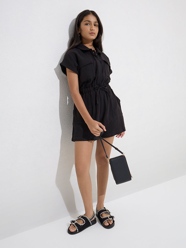 Y&F Kids Black Crinkle-Textured Cotton Jumpsuit