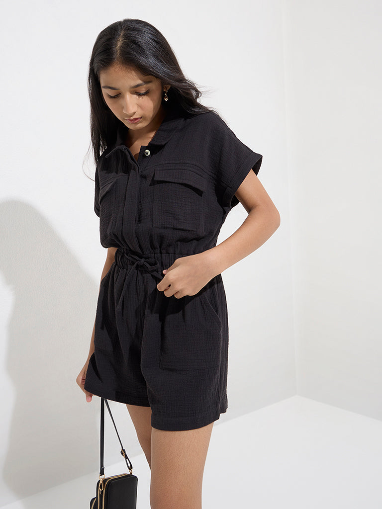 Y&F Kids Black Crinkle-Textured Cotton Jumpsuit