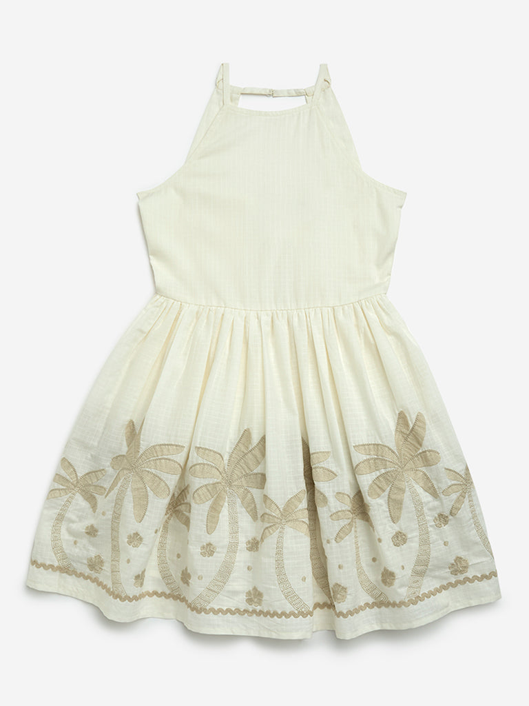 Y&F Kids Off-White Tropical-Inspired Cotton A-Line Dress