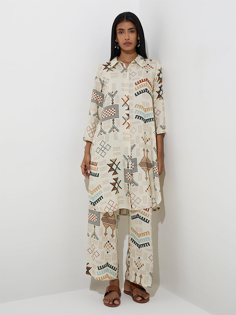 Utsa Light Beige Abstract Printed A-Line Kurta