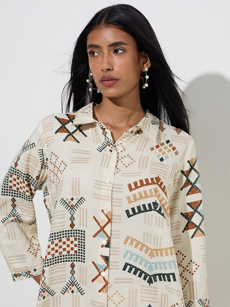 Utsa Light Beige Abstract Printed A-Line Kurta