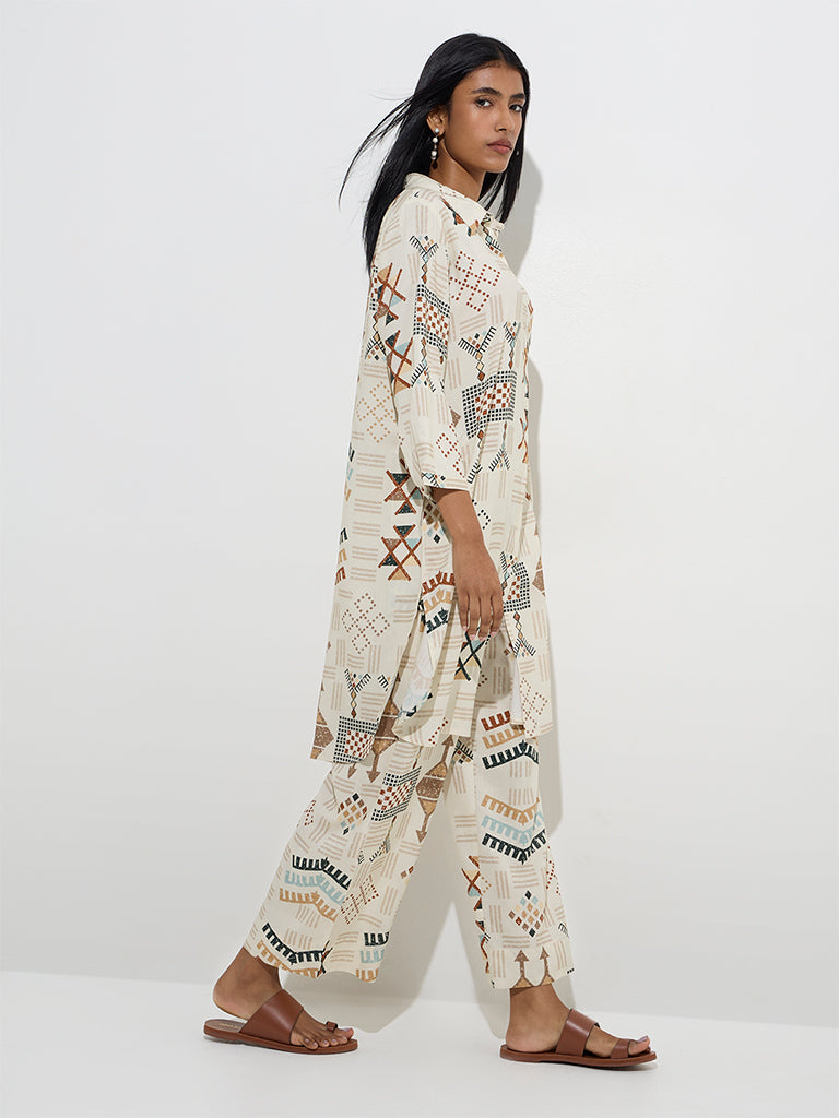 Utsa Light Beige Abstract Printed A-Line Kurta