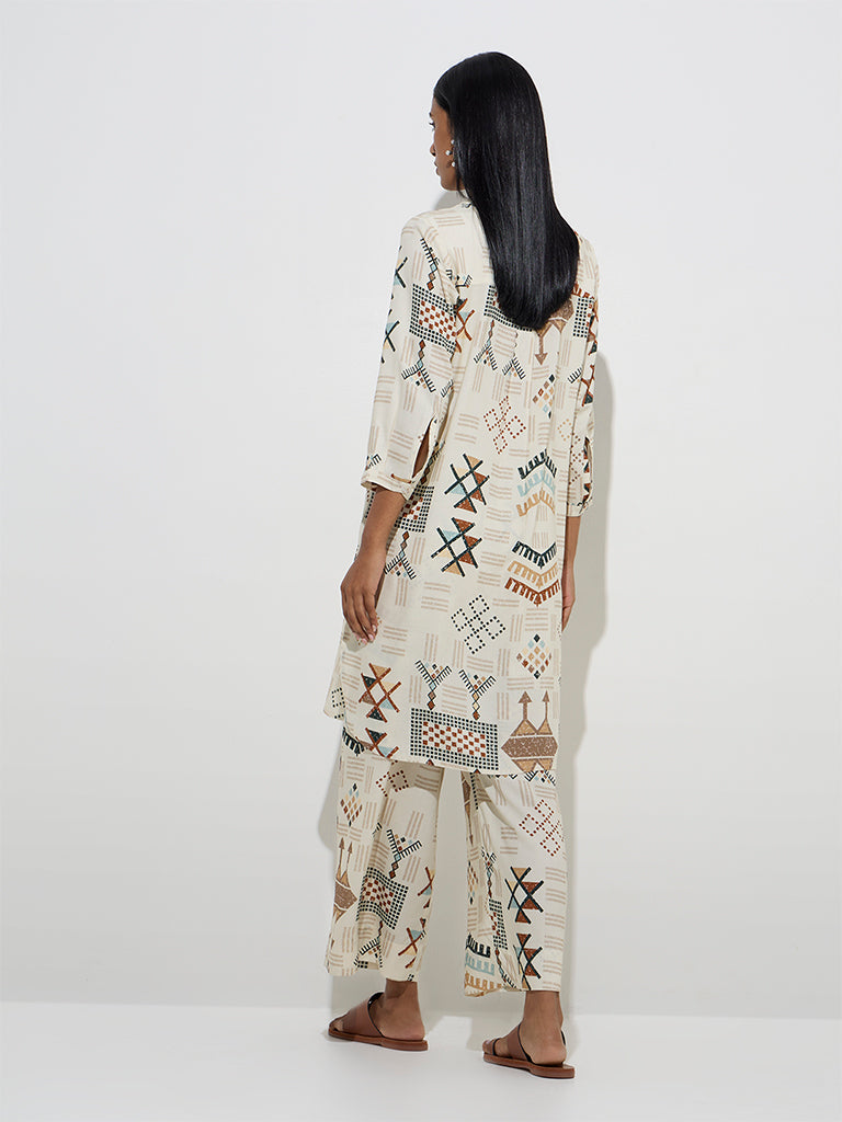 Utsa Light Beige Abstract Printed A-Line Kurta