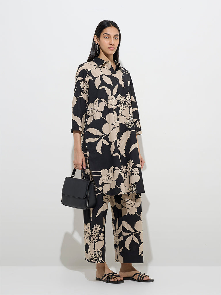 Utsa Black Floral Design A-Line Kurta