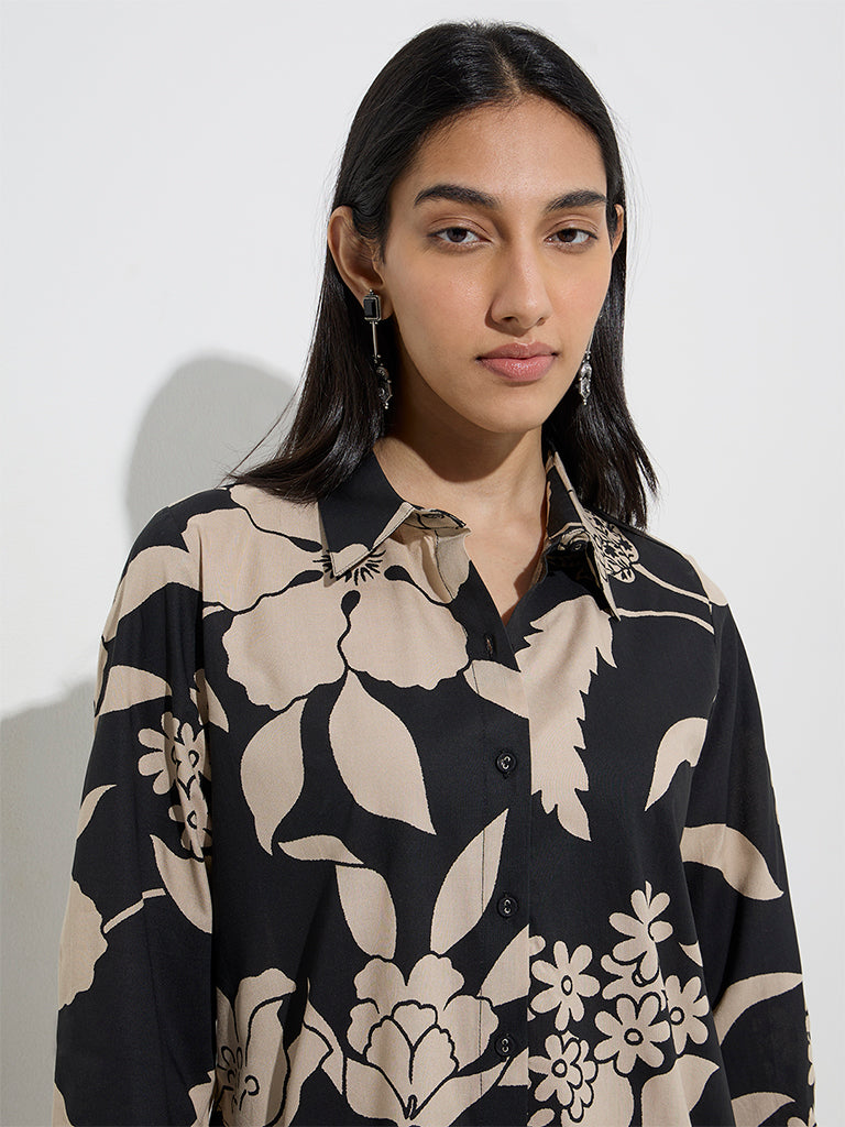 Utsa Black Floral Design A-Line Kurta