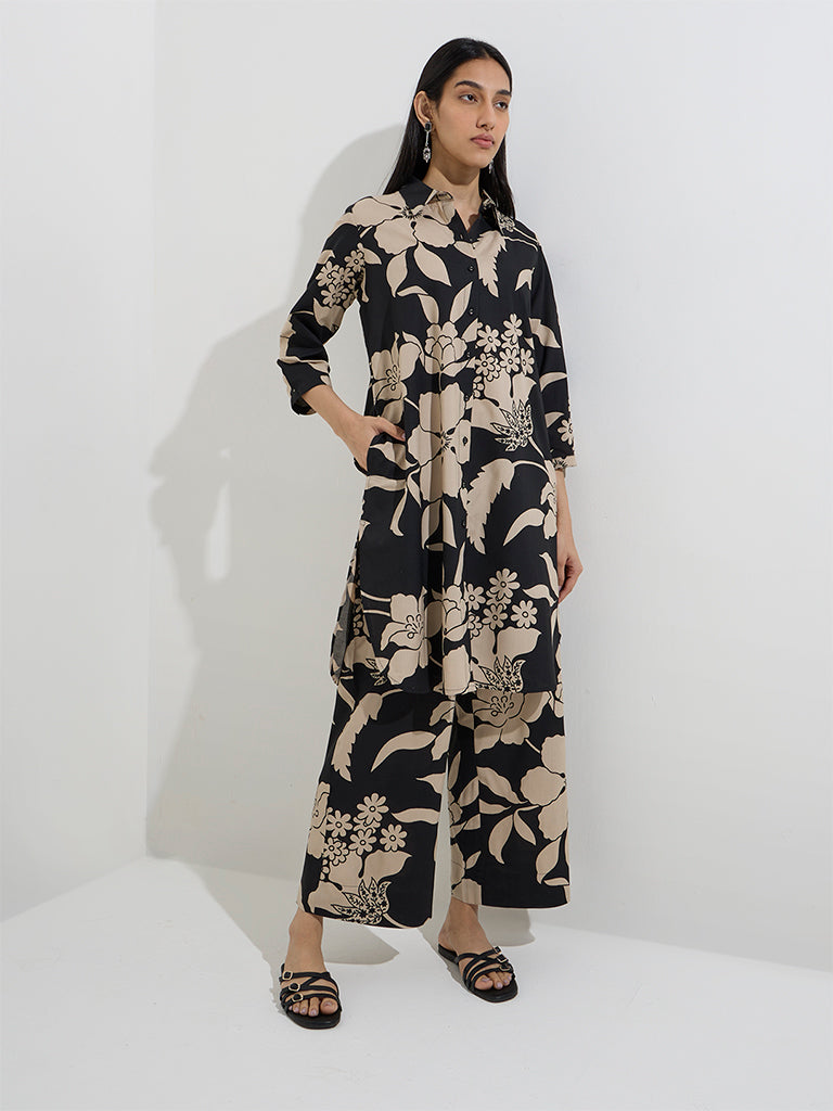 Utsa Black Floral Design A-Line Kurta