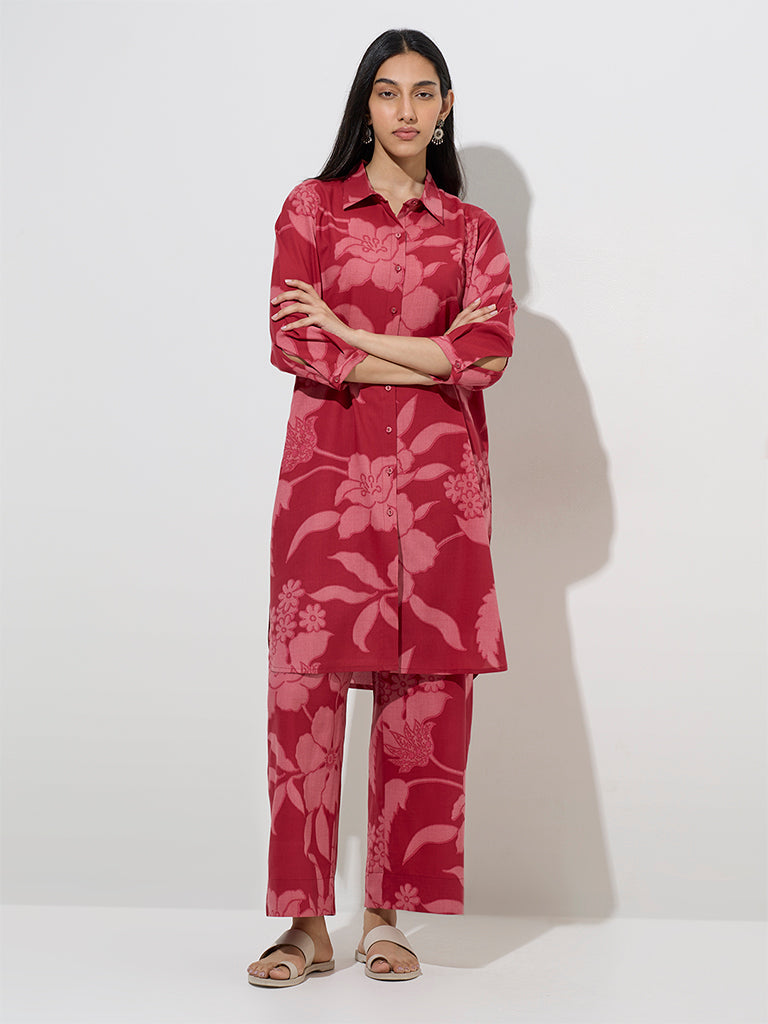Utsa Red Floral Pattern A-Line Kurta