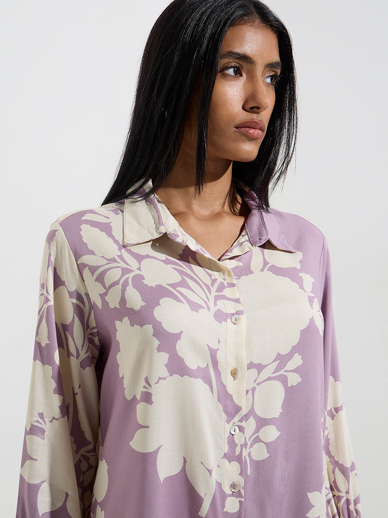 Utsa Purple Floral Printed Ethnic Shirt